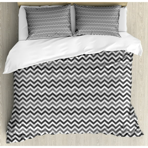 Chevron Duvet Cover Set, Gradient Greyscale Zigzags Minimalistic Muted Tones Geometric Illustration Print, Decorative 3 Piece Bedding Set with 2 Pillow Shams, Calking Size, Pearl Grey, by Ambesonne