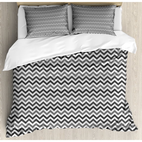 Chevron Duvet Cover Set, Gradient Greyscale Zigzags Minimalistic Muted Tones Geometric Illustration Print, Decorative 3 Piece Bedding Set with 2 Pillow Shams, Queen Size, Pearl Grey, by Ambesonne