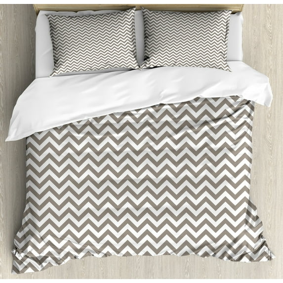 Chevron Duvet Cover Set, Grey and White Zig Zag Lines Striped Pattern Modern Design Print, Decorative 3 Piece Bedding Set with 2 Pillow Shams, King Size, Warm Taupe White, by Ambesonne