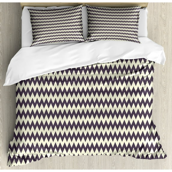 Chevron Duvet Cover Set, Horizontal Narrow Sharp Edged Zig Zags Classical Simplistic with Retro Effects, Decorative 3 Piece Bedding Set with 2 Pillow Shams, Calking Size, Dark Blue Cream, by Ambesonne