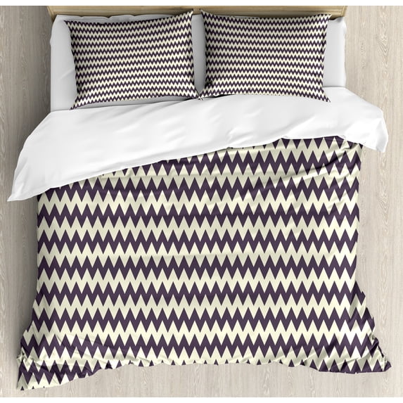 Chevron Duvet Cover Set, Horizontal Narrow Sharp Edged Zig Zags Classical Simplistic with Retro Effects, Decorative 3 Piece Bedding Set with 2 Pillow Shams, King Size, Dark Blue Cream, by Ambesonne