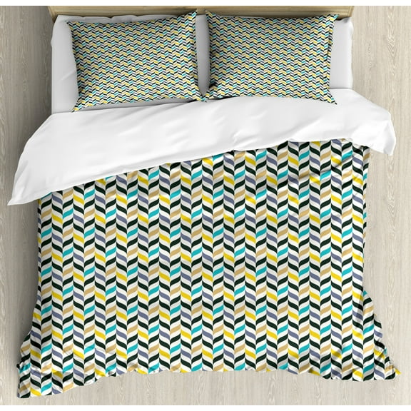 Chevron Duvet Cover Set, Curvy Zig Zag Lines in Vertical Direction Floral Colorful Herringbone, Decorative 3 Piece Bedding Set with 2 Pillow Shams, King Size, Multicolor, by Ambesonne
