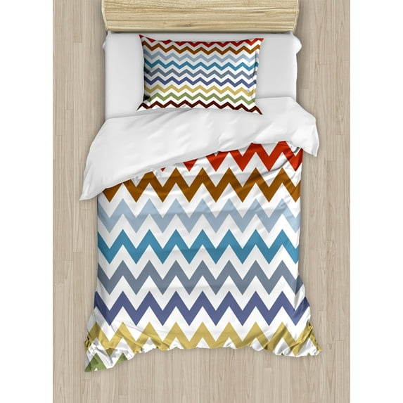 Chevron Duvet Cover Set, Chevron Pattern Easter Day Inspired Zigzag Colorful Design Retro Style Illustration, Decorative 2 Piece Bedding Set with 1 Pillow Shams, Twin Size, Multicolor, by Ambesonne