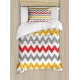 thumbnail image 1 of Chevron Duvet Cover Set, Retro Chevron Pattern Abstract Waves Happiness Contrasting Colors Creativity, Decorative 2 Piece Bedding Set with 1 Pillow Shams, Twin Size, Grey Marigold Red, by Ambesonne, 1 of 3
