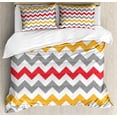 thumbnail image 1 of Chevron Duvet Cover Set, Retro Chevron Pattern Abstract Waves Happiness Contrasting Colors Creativity, Decorative 3 Piece Bedding Set with 2 Pillow Shams, King Size, Grey Marigold Red, by Ambesonne, 1 of 3
