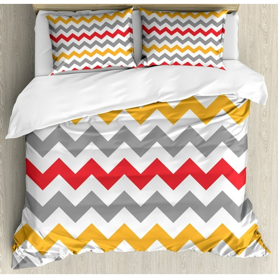 Chevron Duvet Cover Set, Retro Chevron Pattern Abstract Waves Happiness Contrasting Colors Creativity, Decorative 3 Piece Bedding Set with 2 Pillow Shams, King Size, Grey Marigold Red, by Ambesonne