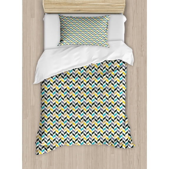 Chevron Duvet Cover Set, Curvy Zig Zag Lines in Vertical Direction Floral Colorful Herringbone, Decorative 2 Piece Bedding Set with 1 Pillow Shams, Twin Size, Multicolor, by Ambesonne