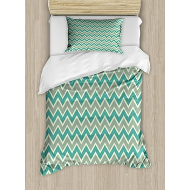 Chevron Duvet Cover Set Twin Size, Zigzag Stripes Pattern Angular Design Retro Design Inspirations, Decorative 2 Piece Bedding Set with 1 Pillow Sham, Pale Sage Green Teal Beige, by Ambesonne