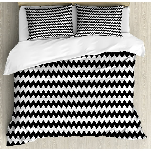 Chevron Duvet Cover Set, Zig Zags in Black and White Sharp Arrow Inspired Classic Retro Tile Monochrome, Decorative 3 Piece Bedding Set with 2 Pillow Shams, Queen Size, Black White, by Ambesonne