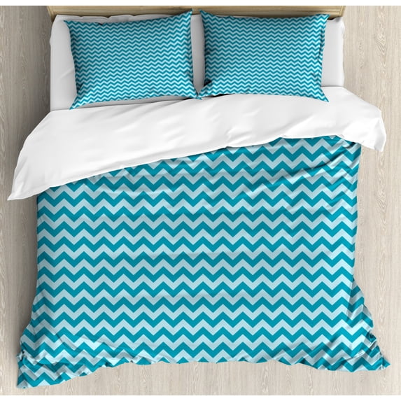 Chevron Duvet Cover Set, Zigzags in Sea Colors Ocean Waves Nautical Theme Sailboat Design Sea Breeze, Decorative 3 Piece Bedding Set with 2 Pillow Shams, Queen Size, Teal Pale Blue, by Ambesonne
