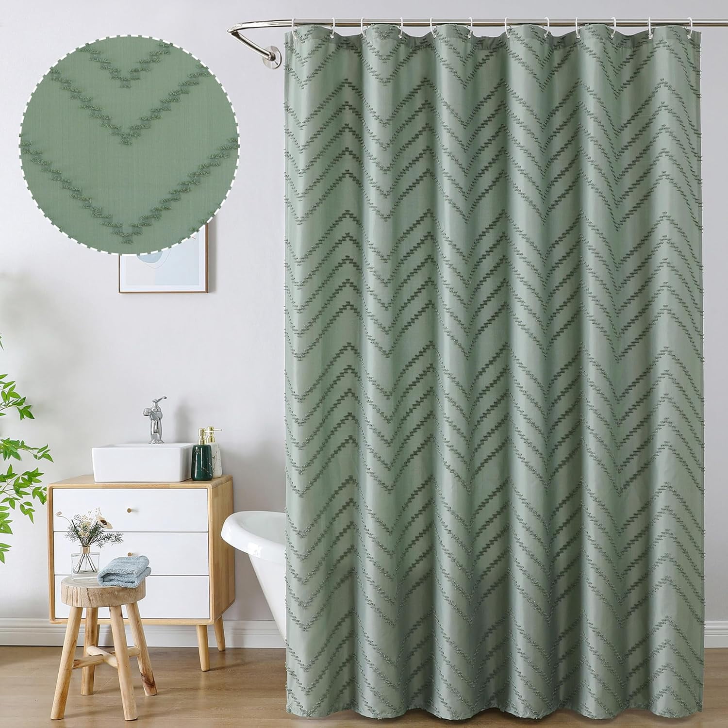 Chevron Extra Long Sage Green Boho Shower Curtain Set 72X96 Inches, Fabric Shower C[981 ...