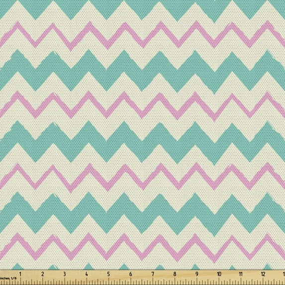 Chevron Fabric by the Yard, Zigzag Stripes with Pastel Colors Hand Drawn Geometric Illustration, Decorative Upholstery Fabric for Sofas and Home Accents, Turquoise Pink and Ivory by Ambesonne