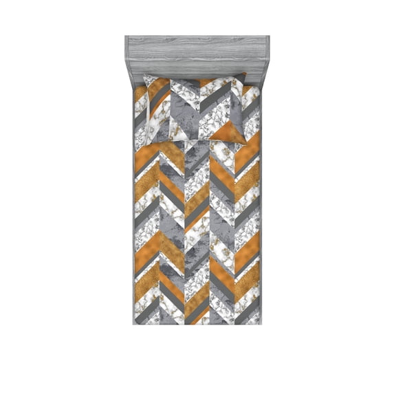Chevron Fitted Sheet & Pillow Sham Set, Pastel-Colored Repetitive Geometric Zigzag Pattern Marble Art, Decorative Printed 2 Piece Bedding Decor, Twinxl, Pale Caramel Grey and White, by Ambesonne