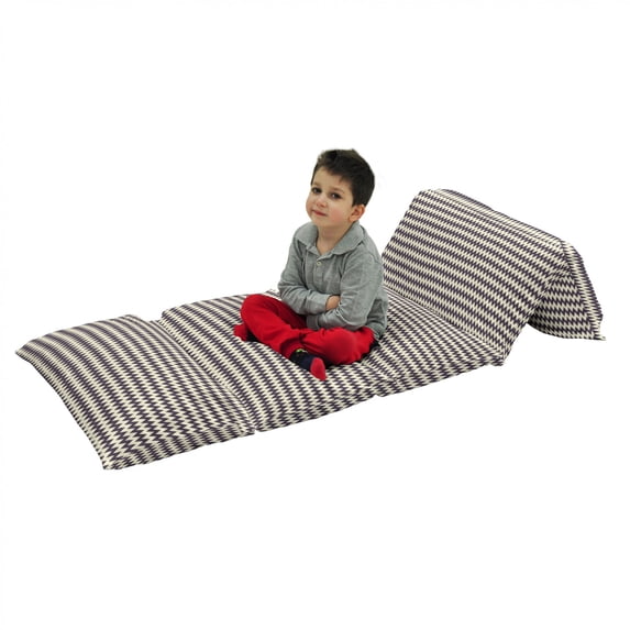 Chevron Floor Pillow Lounger Cover, Horizontal Narrow Sharp Edged Zig Zags Classical Simplistic with Retro Effects, Nap Mat Printed Fabric Case for 5 Pillows, 88" x 36", Dark Blue Cream, by Ambesonne