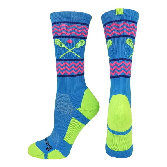 Chevron Girls Lacrosse Socks with Lacrosse Sticks Athletic Crew Socks (Electric Blue/Neon Green, Medium)