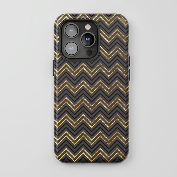 Chevron Gold Glitter Pattern For All iPhone Series Tough Phone Case Modern Geometric Black Gold