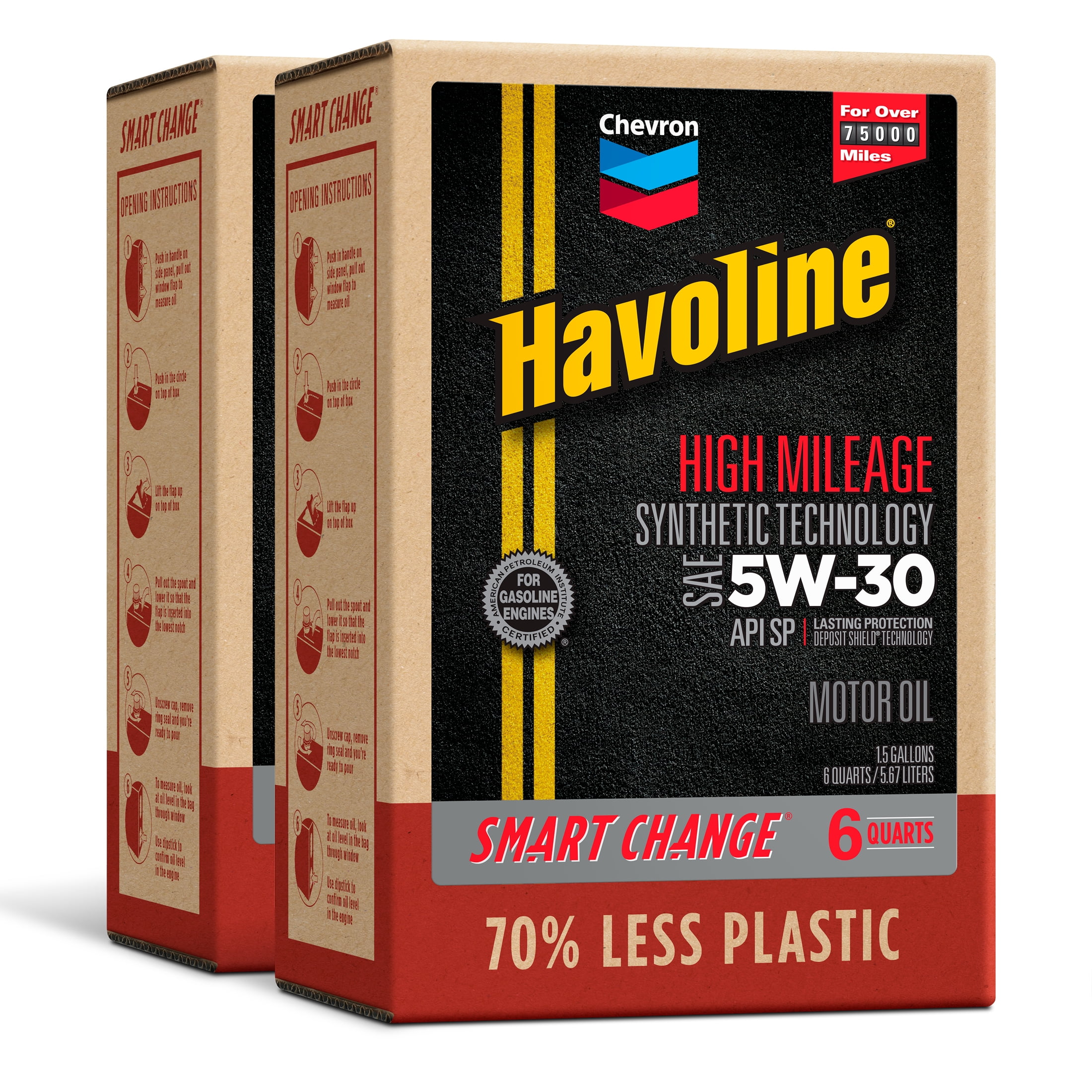 Chevron Havoline High Mileage Synthetic Technology Motor Oil 5W-30, 6 Quart Smart Change Box Case (2-Pack)