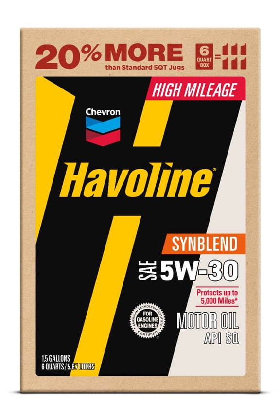 Chevron Havoline High Mileage Synthetic Technology Motor Oil 5W-30, 6 Quart Smart Change Box