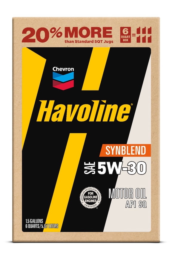 Chevron Havoline Synthetic Blend Motor Oil 5W-30, 6 Quart Smart Change Box, 11lbs 12.75in height, 192fl oz