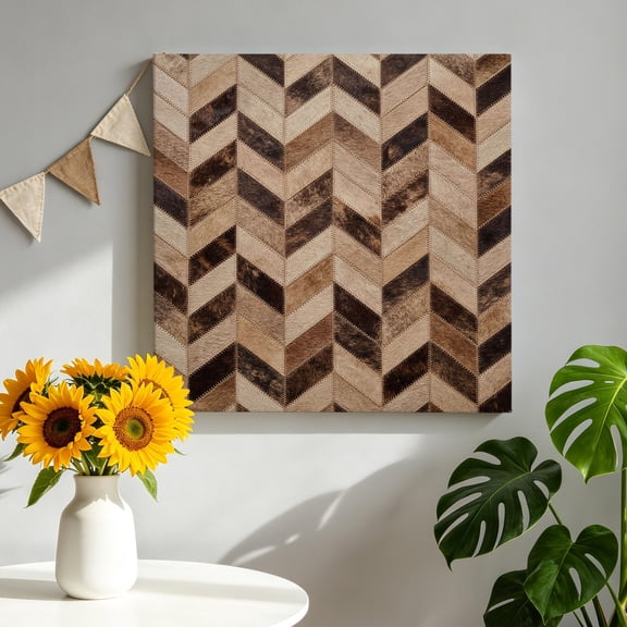 Chevron Hide Canvas Wall Art, Rustic Vintage Western Abstract Brown Beige Tan Plaid Framed Canvas Wall Decor Picture Print Artwork Decorations for Living Room Office Ready to Hang 8" x 8"