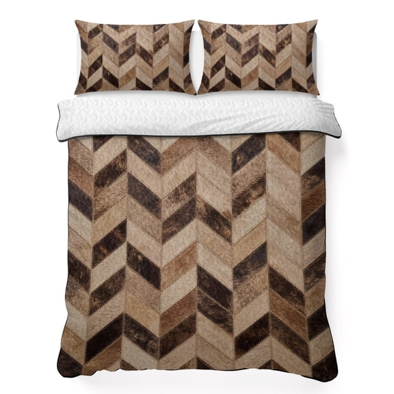 Chevron Hide King Quilt Bedding Set, Rustic Vintage Western Abstract Brown Beige Tan Plaid Lightweight Comforter with 2 Pillow Shams Bedroom Bedspread Set Home Decor for All Seasons