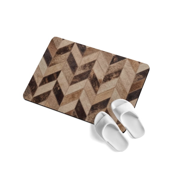Chevron Hide Soft Diatomaceous Earth Mat, Rustic Vintage Western Abstract Brown Beige Tan Plaid Absorbent Bath Mat Non Slip Rubber Backed Quick Dry Doormat Fit Under Door for Bathroom Kitchen 24"x36"