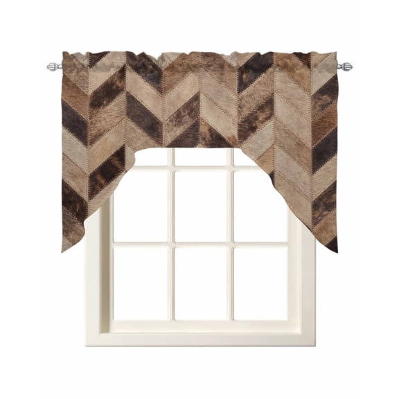 Chevron Hide Swag Valance for Window, Rustic Vintage Western Abstract Brown Beige Tan Plaid Light Filtering Swag Curtain Rod Pocket Kitchen Curtain Valance for Bedroom