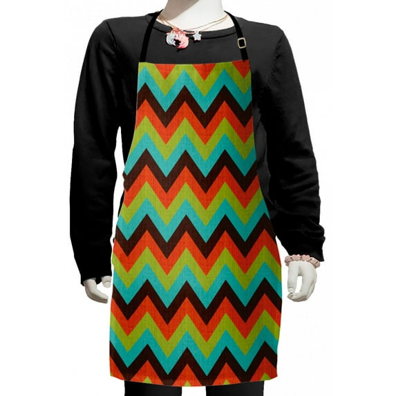 Chevron Kids Apron, Vintage Zigzag Pattern Royal Jagged Regular Limitless Simple Traces Art Work, Boys Girls Apron Bib with Adjustable Ties for Cooking Baking Painting, Multicolor, by Ambesonne