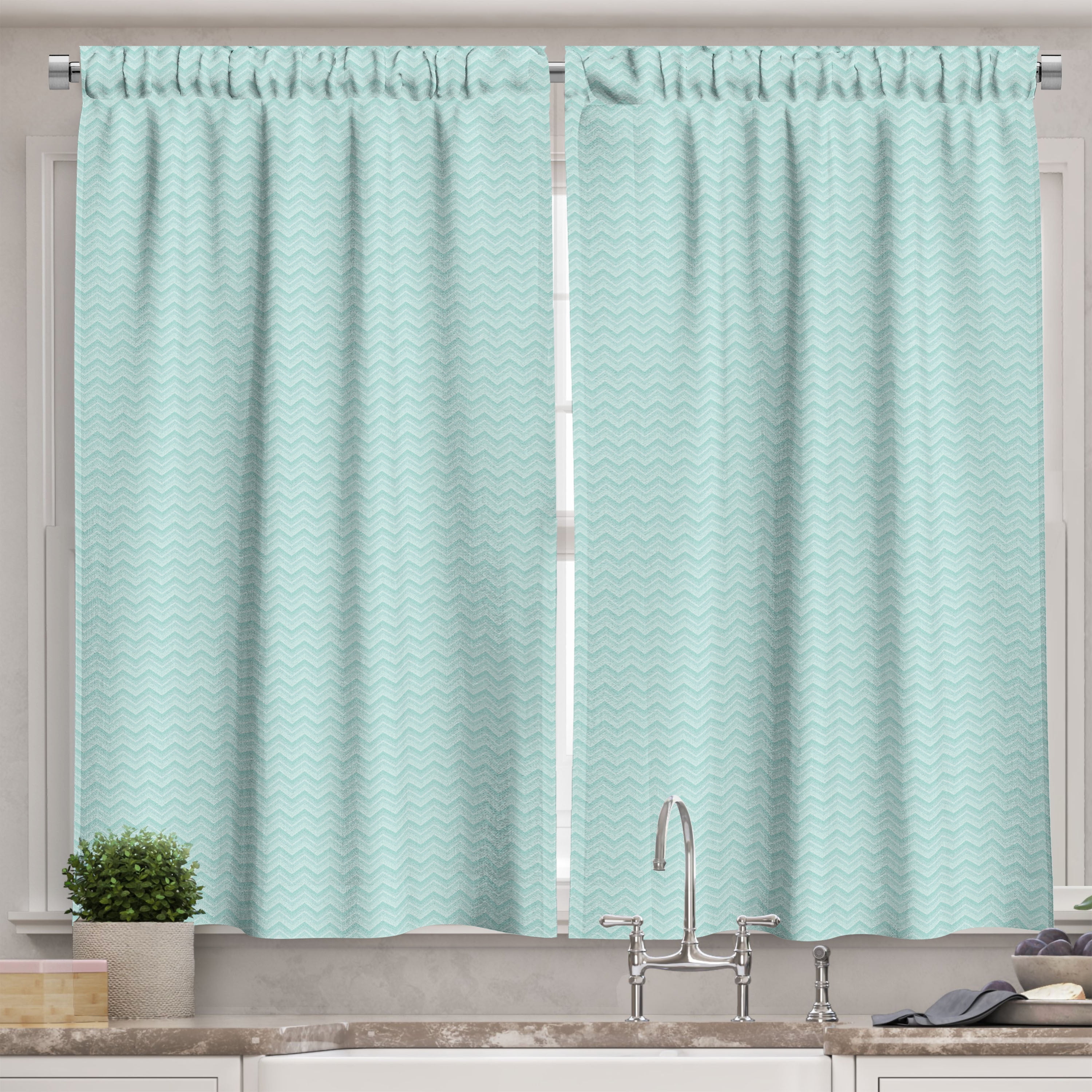Chevron Kitchen Curtains, Pastel Green Tones Zigzags Pattern Continuous