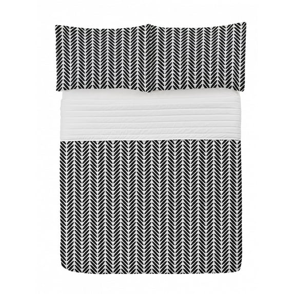 Chevron Microfiber Bedspread Set, Classic Monochrome Chevron Composition Oval Angled Lines Pattern Geometric, Soft Bedding Set with Pillow Shams & Comforter, 3 Sizes, Black and White, by Ambesonne