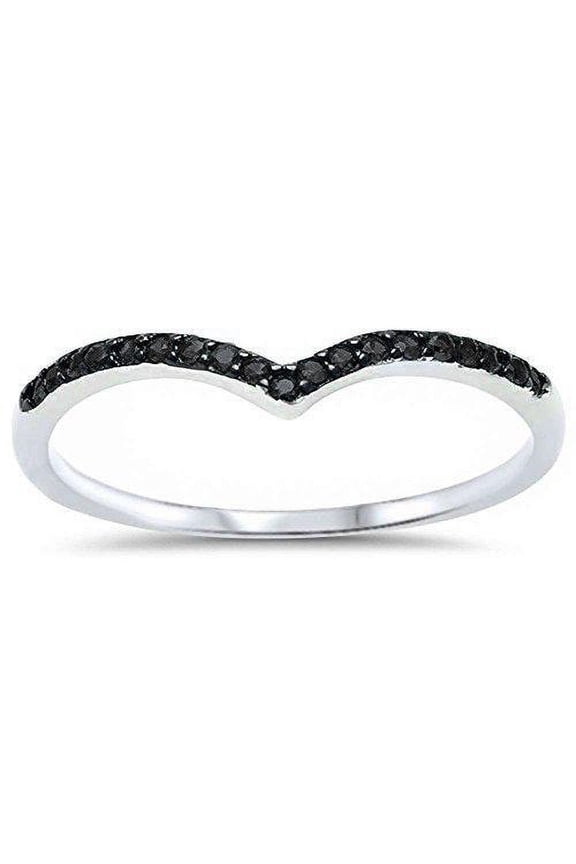 Chevron Midi V-Shape Wedding Ring Black CZ 925 Sterling Silver Size 8
