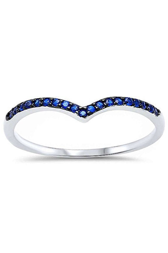 Chevron Midi V-Shape Wedding Ring Blue Sapphire CZ 925 Sterling Silver Size 6