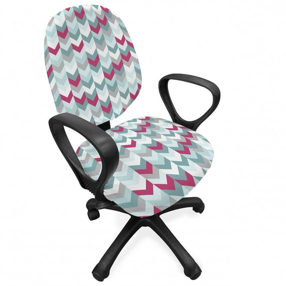 Chevron Office Chair Slipcover, Symmetric Stripes in Gradient Tone Arrows Classic Vintage Graphic, Protective Stretch Decorative Fabric Cover, Standard Size, Turquoise Pale Grey, by Ambesonne