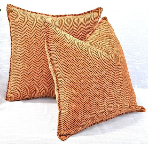 Chevron Pattern Chenille Pillow Covers Set of 2 Orange 16x16 inches / Soft Cozy Cushion Covers