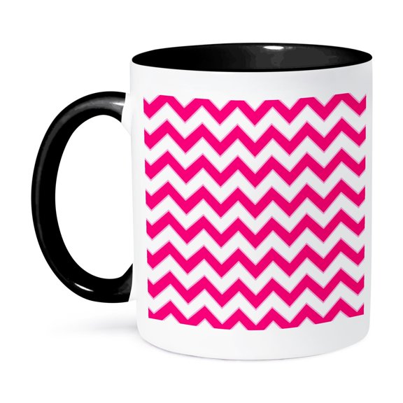 3dRose, Chevron Pattern Hot Pink and White Zigzag, 15oz Two-Tone Black Mug