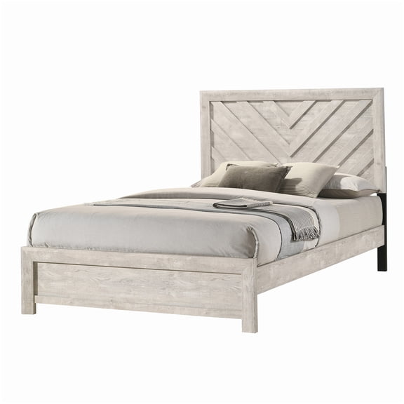 Chevron Pattern Queen Bed Frame with Geometric Headboard, Low Profile Platform Bed, Beige Gray Modern Bedroom Furniture