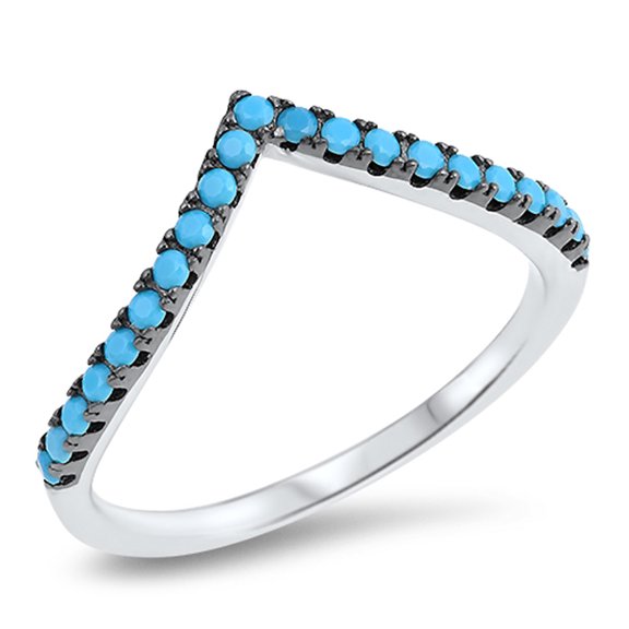 Chevron Pointed Simulated Turquoise Thumb Ring Sterling Silver Stackable Band Blue CZ Female Size 6