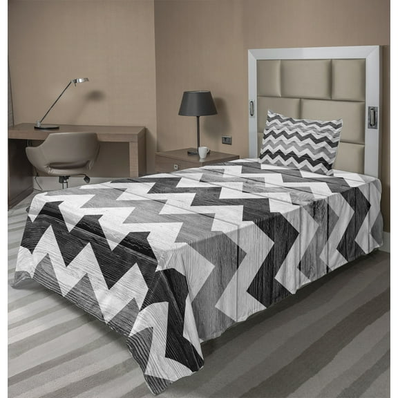 Ambesonne Chevron Fitted & Top Sheet Set with Sham, Monochrome Wood Pattern, Pale Grey White and Grey