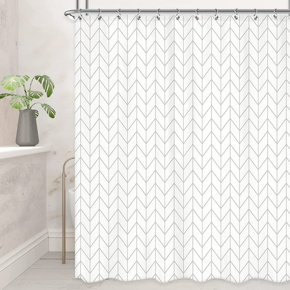 Chevron Shower Curtain White Beige Extra Long Geometric Herringbone 72Wx84H Inch Striped Simple Modern Classy Neutral Contemporary Decor Fabric Bathroom Set Polyester Waterproof