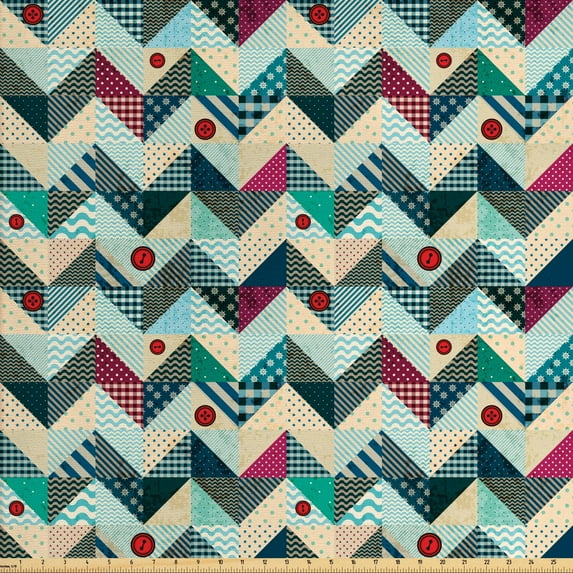 Chevron Sofa Upholstery Fabric by the Yard, Chevron Patchwork with Vintage Line and Retro Button Forms, Decorative Fabric for DIY and Home Accents, Multicolor by Ambesonne