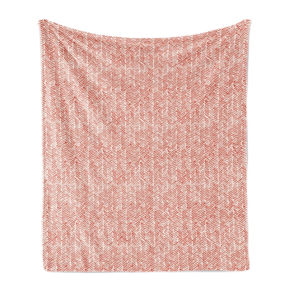Chevron Soft Flannel Fleece Blanket, Hand Drawn Color Smear Lines Grunge Effect Angled Composition Tribal Design, Cozy Plush for Indoor and Outdoor Use, 70" x 90", Orange Off White, by Ambesonne