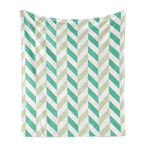 Chevron Soft Flannel Fleece Blanket, Chevron Herringbone Pattern Springtime Freshness Classic Stripe Art, Cozy Plush for Indoor and Outdoor Use, 70" x 90", Sea Green Eggshell White, by Ambesonne