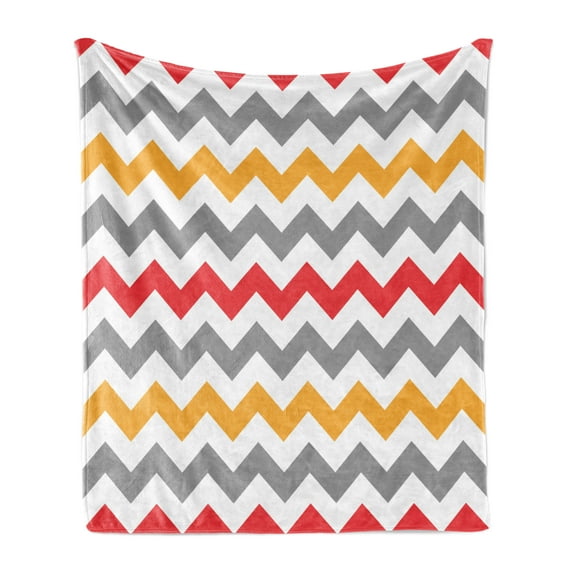 Chevron Soft Flannel Fleece Blanket, Retro Chevron Pattern Abstract Waves Happiness Contrasting Colors Creativity, Cozy Plush for Indoor and Outdoor Use, 50" x 60", Grey Marigold Red, by Ambesonne