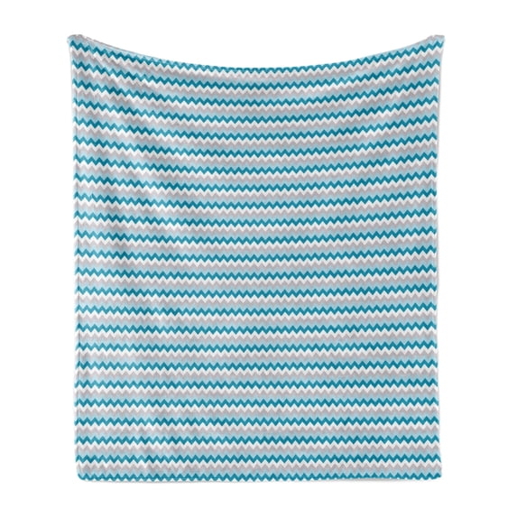 Chevron Soft Flannel Fleece Blanket, Zigzag Geometric Patten in Blue Shades Abstract Symmetric Arrows Motif, Cozy Plush for Indoor and Outdoor Use, 50" x 70", Grey White Petrol Blue, by Ambesonne
