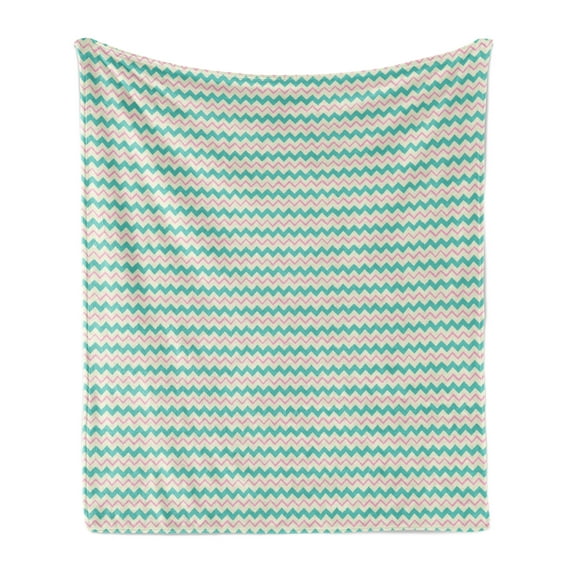 Chevron Soft Flannel Fleece Blanket, Zigzag Stripes with Pastel Colors Hand Drawn Geometric Illustration, Cozy Plush for Indoor and Outdoor Use, 70" x 90", Turquoise Pink and Ivory, by Ambesonne