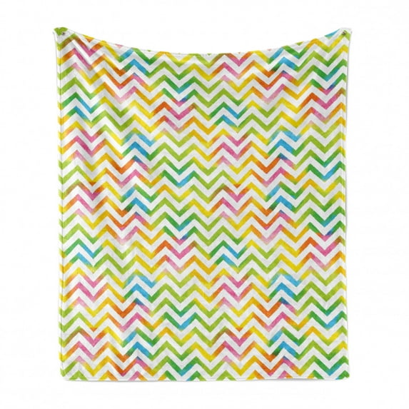 Chevron Soft Flannel Fleece Throw Blanket, Colorful Geometric Chevron Design with Grunge Properties Modern Graphic, Cozy Plush for Indoor and Outdoor Use, 70" x 90", Multicolor, by Ambesonne
