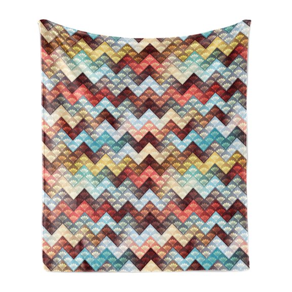 Chevron Soft Flannel Fleece Throw Blanket, Repetitive Ornate Chevron Patterns Filled with Baroque Floral Texture Motifs, Cozy Plush for Indoor and Outdoor Use, 60" x 80", Multicolor, by Ambesonne