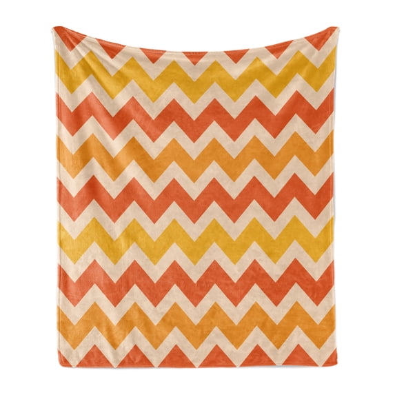 Chevron Soft Flannel Fleece Throw Blanket, Wavy Geometrical Cheering Warm Colors Ornamental Artwork Vintage Style, Cozy Plush for Indoor and Outdoor Use, 50" x 70", Orange Yellow Cream, by Ambesonne