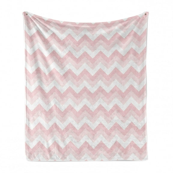 Chevron Soft Flannel Fleece Throw Blanket, Zigzag Chevron Grunge Pattern in Soft Colors Simplicity Design, Cozy Plush for Indoor and Outdoor Use, 60" x 80", Rose Pale Pink White, by Ambesonne