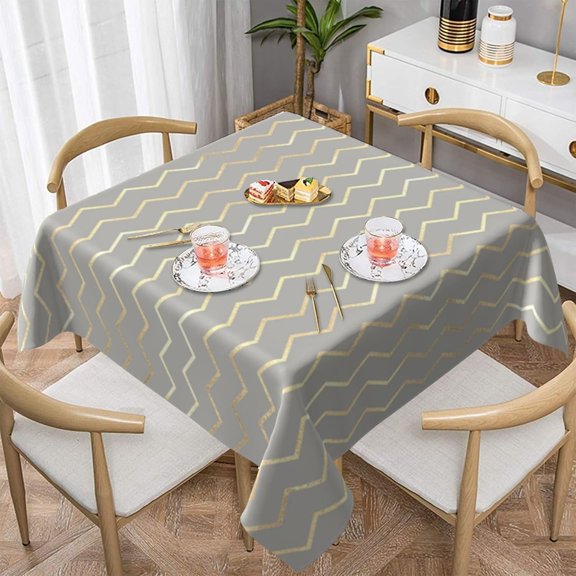 Chevron Stripes Lines Gold Metallic Gray Pastel Soft Tablecloth Square Dinng Table Covers for Kitchen & Table Linens 52" x 52"
